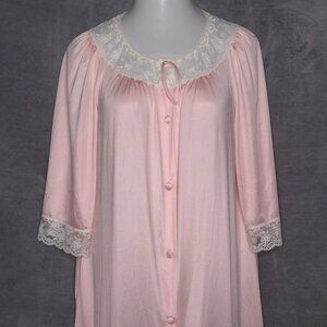 Vintage Womens Lace Trimmed Long Robe Button-Down Medium Pink